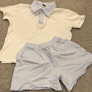 White Blue seersucker collar polo and Blue seersucker Shorts Set
